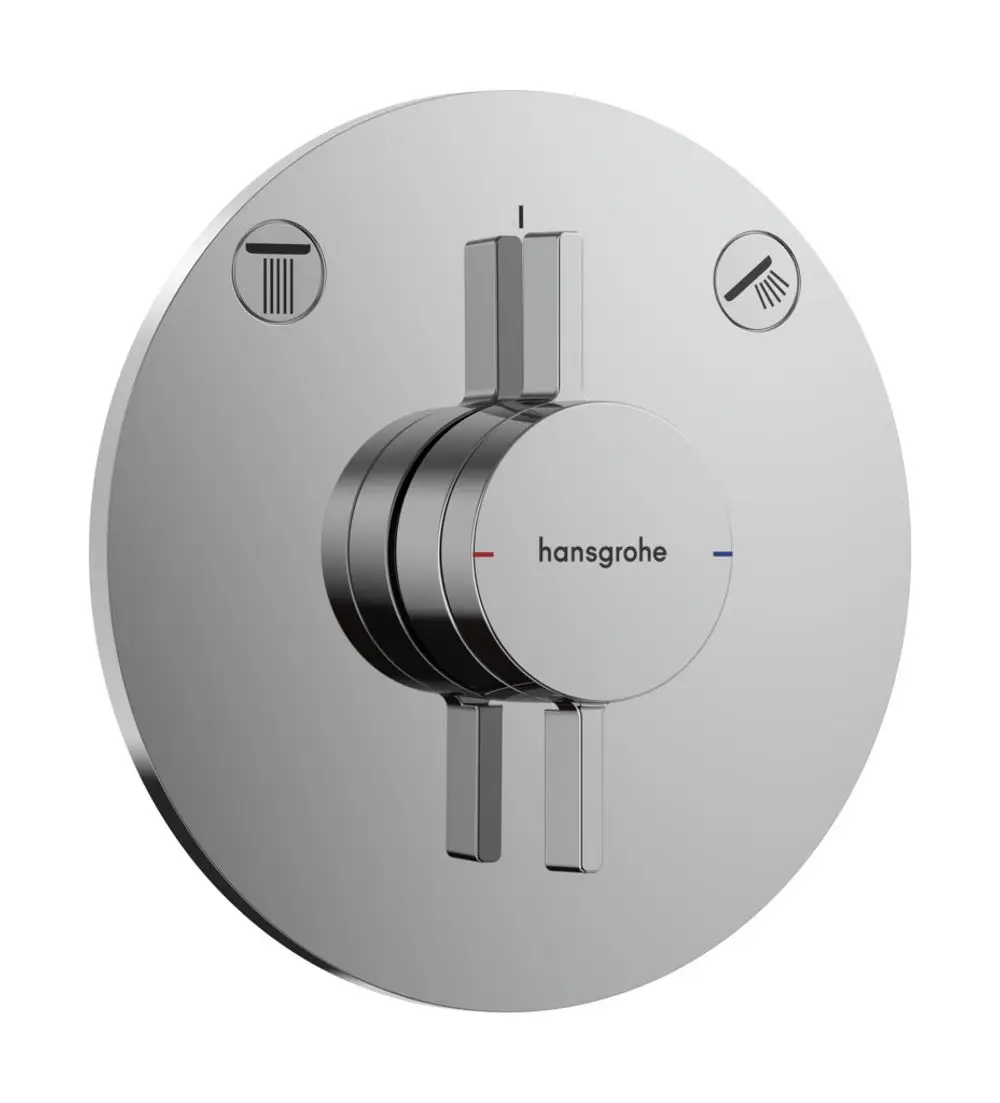 Chromatischer Mischhebel von Hansgrohe, montiert auf einer runden Wandplatte, mit zwei Steuergriffen für verschiedene Verbraucher und Symbolen für Wasserablass und Handbrause.